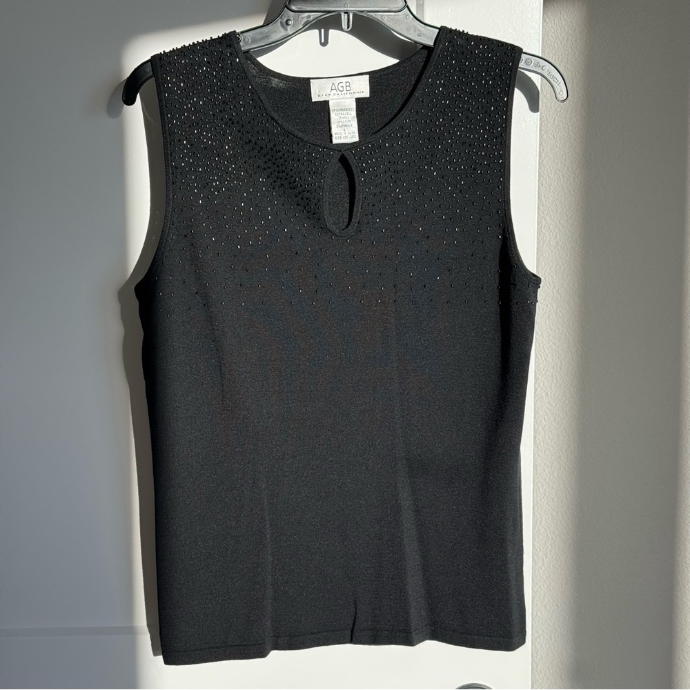 Black Silk Blend Knit Shell Top Beaded Sleeveless Career Office Women L by AGB